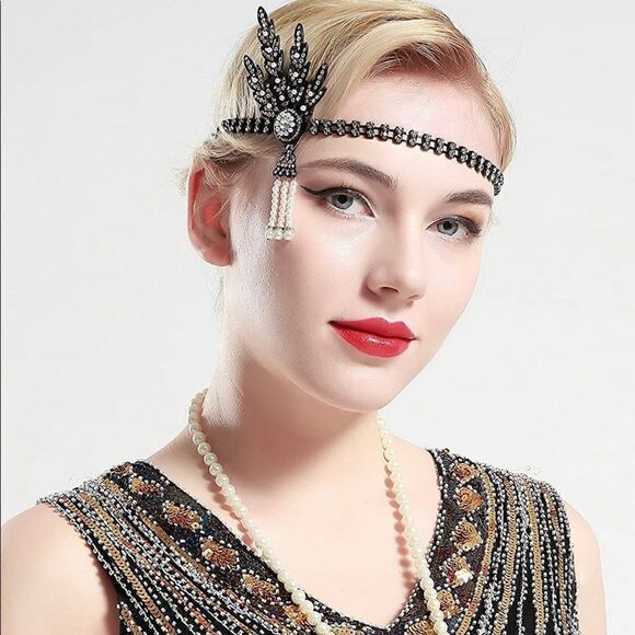 ✨ NWT Art Deco 1920’s Gatsby Flapper Crystal Rhinestone & Pearl Black He… - Picture 3 of 5